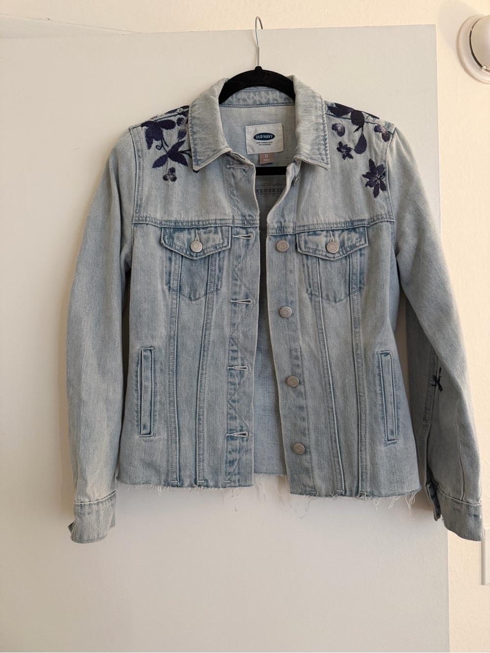 Old Navy Light Wash Denim Jacket with Dark Blue Floral Embroidery
